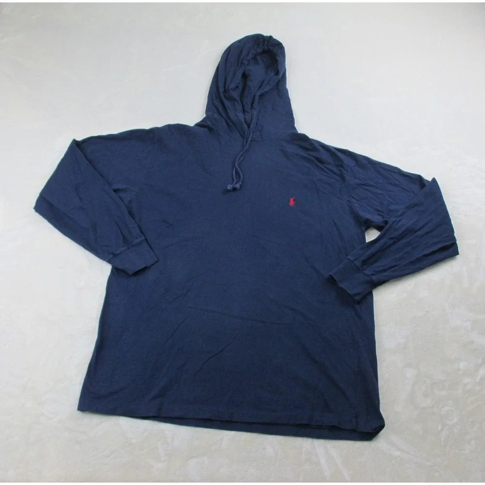 VINTAGE Ralph Lauren Shirt Mens Medium Blue Pony Long Sleeve Hooded Made In USA*